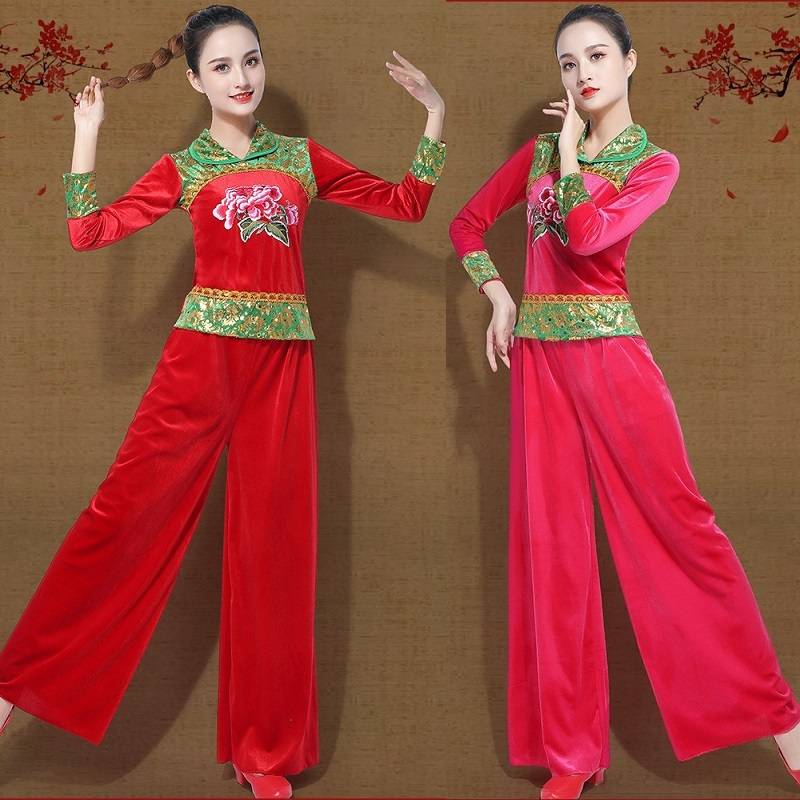 Spring and autumn and winter national style gold velvet square dance clothing new female Yangge suit jumping stage performances to show suit suits