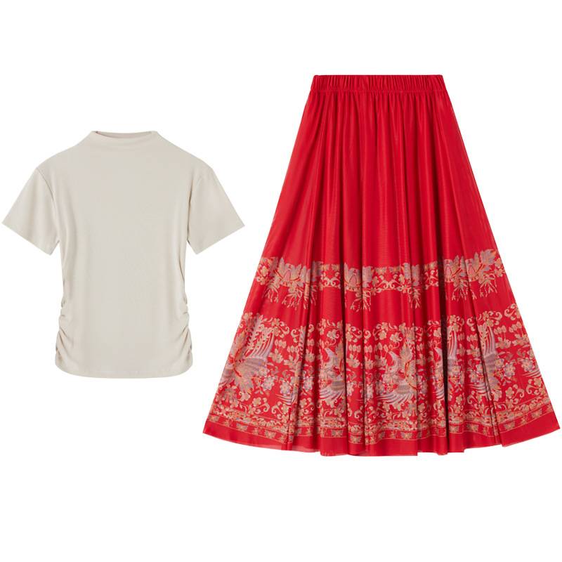 2024 Spring and Summer Autumn Female Classical Dance National Dance Plaza Dance Performance Series Half -high neck short -sleeved T -shirt chiffon long skirt