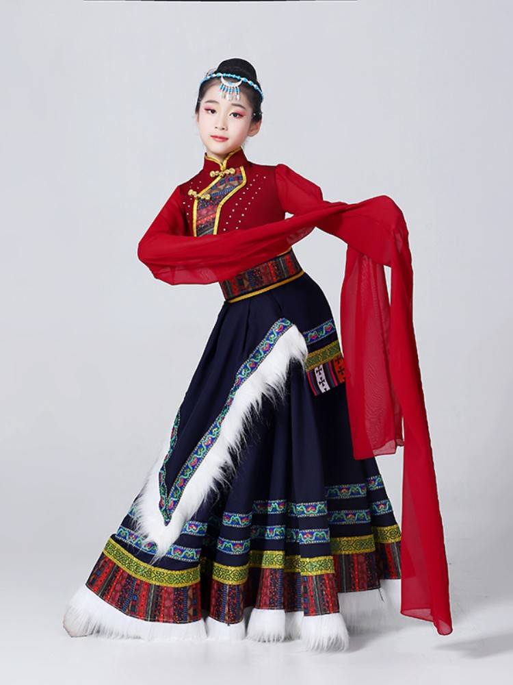 Children's Tibetan Dance Performance Services Girls Primary and Middle School Students Ethnic Dance Skirt Performance Performance Training Tibetan Skirt Girls