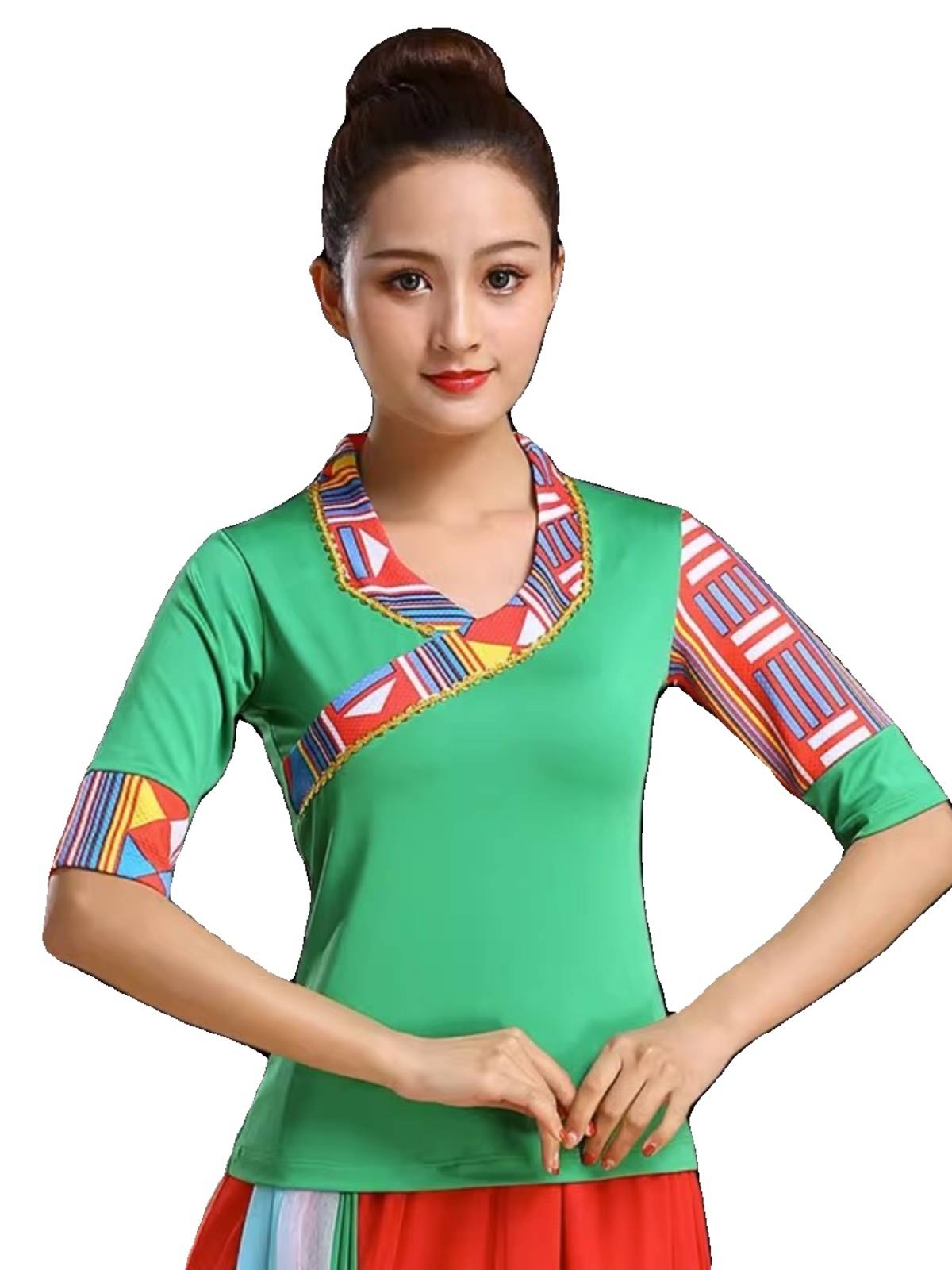 New Tibetan dance clothing ethnic women's square dance Tibetan mid -sleeve sleeve sleeve short sleeve stage performance