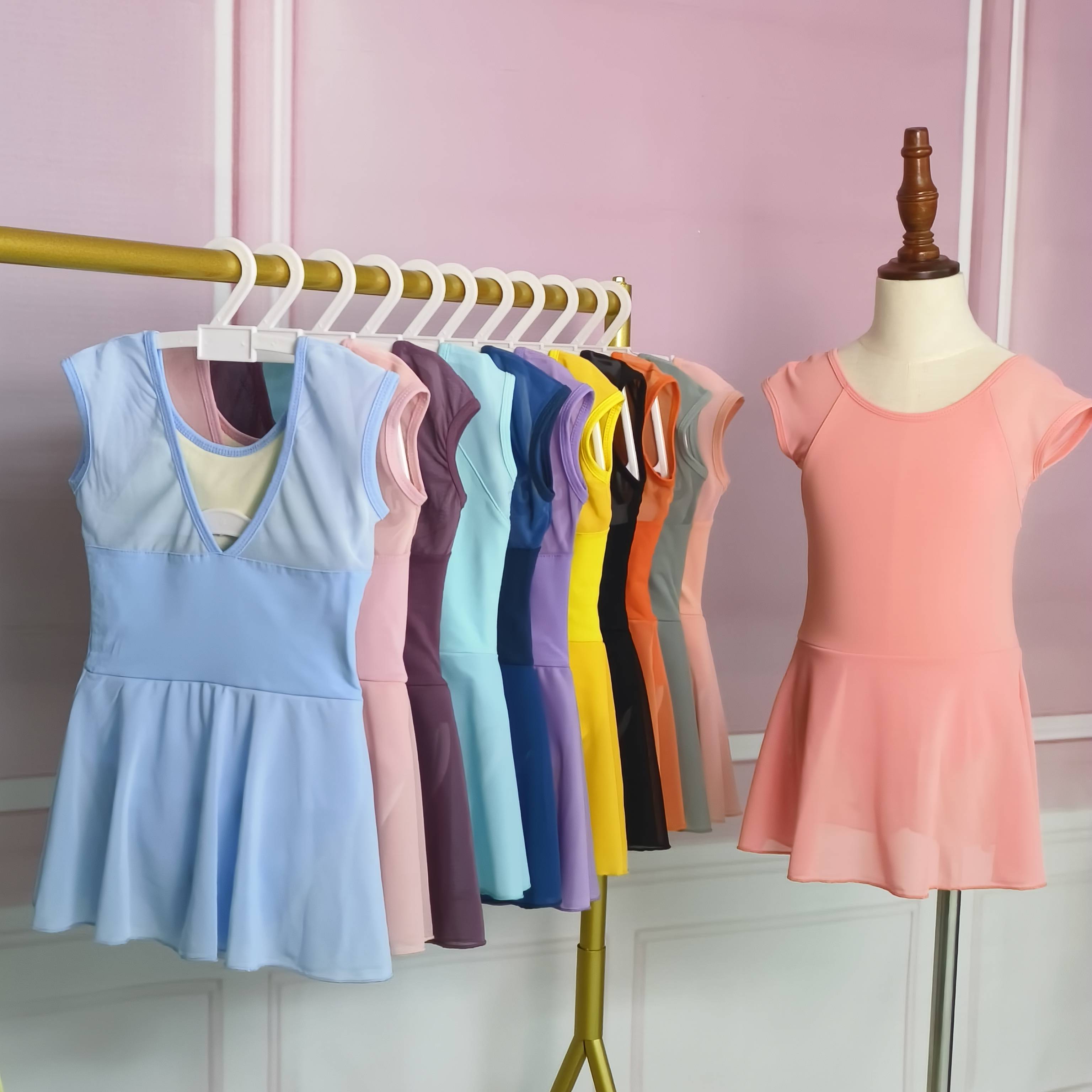 Children's dance service summer long short sleeve training girl ballet national dance test -grade dance conjoined skirt