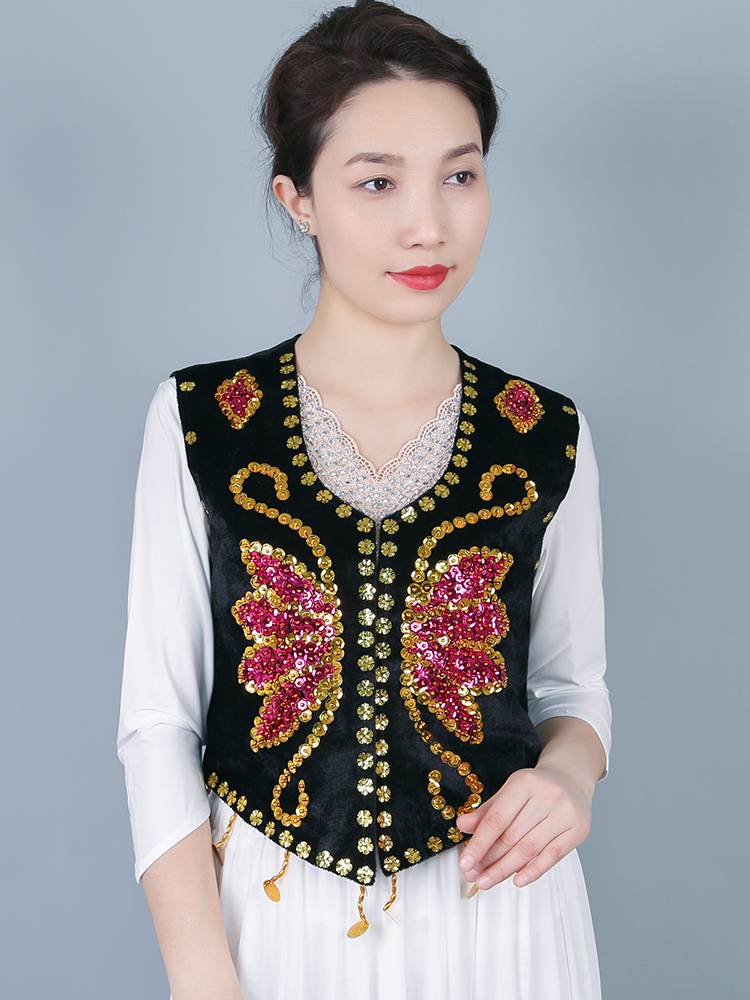 Xinjiang dance service female adult vest, the Uyomian ethnic embroidery national wind sequin performance service short horse clip