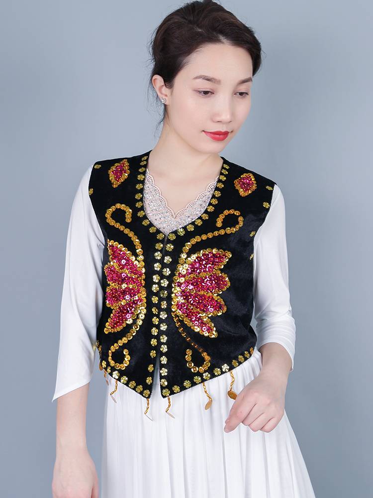 Xinjiang dance service female adult vest, the Uyomian ethnic embroidery national wind sequin performance service short horse clip