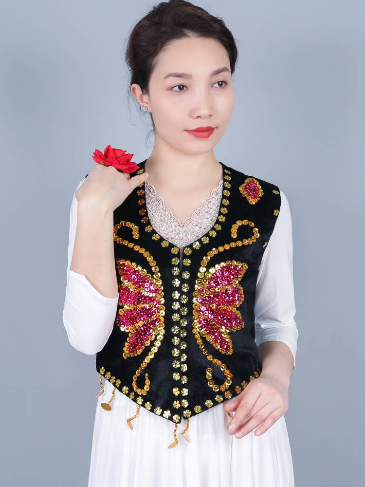 Xinjiang dance service female adult vest, the Uyomian ethnic embroidery national wind sequin performance service short horse clip