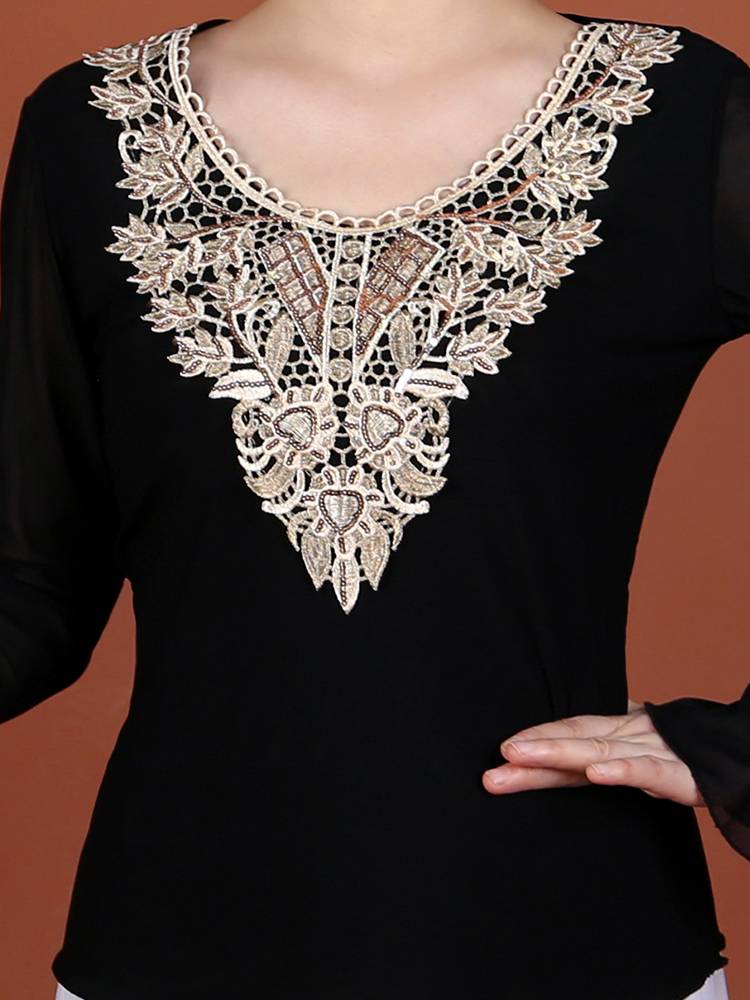 Xinjiang Dance Performance Service New Summer Summer Nets Paste Flower Fluton Sleeve Bottom Blogen Battle Athletic Aeocked Top