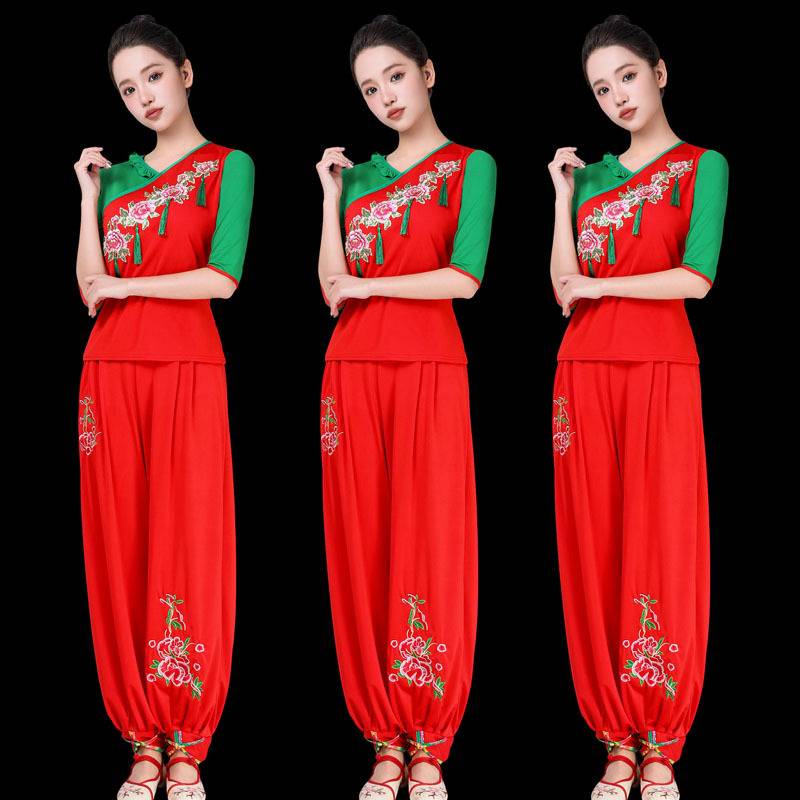 New Milk Silk Embroidery Plaza Dance Clothing Female Middle -aged Yangge Dance Long Sleeve Lantern Pants Performance Service 2098