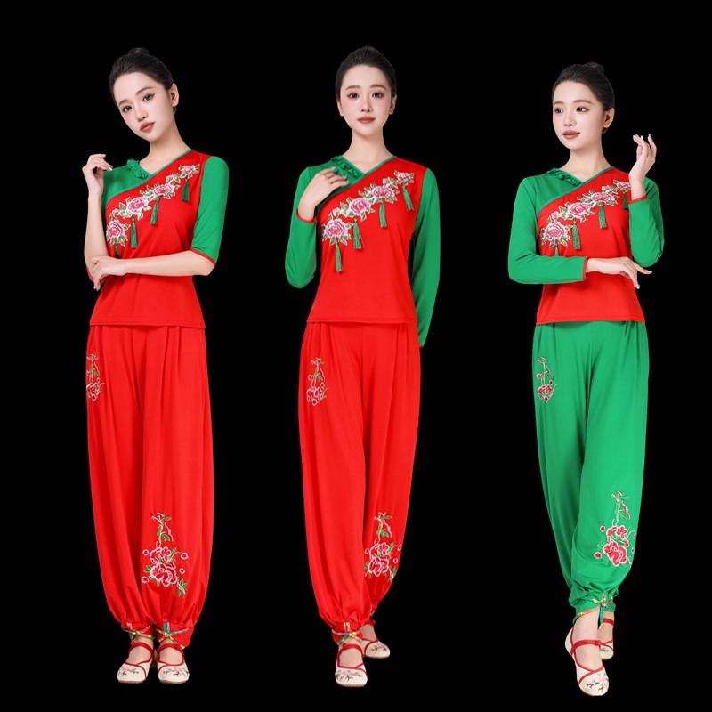 New Milk Silk Embroidery Plaza Dance Clothing Female Middle -aged Yangge Dance Long Sleeve Lantern Pants Performance Service 2098