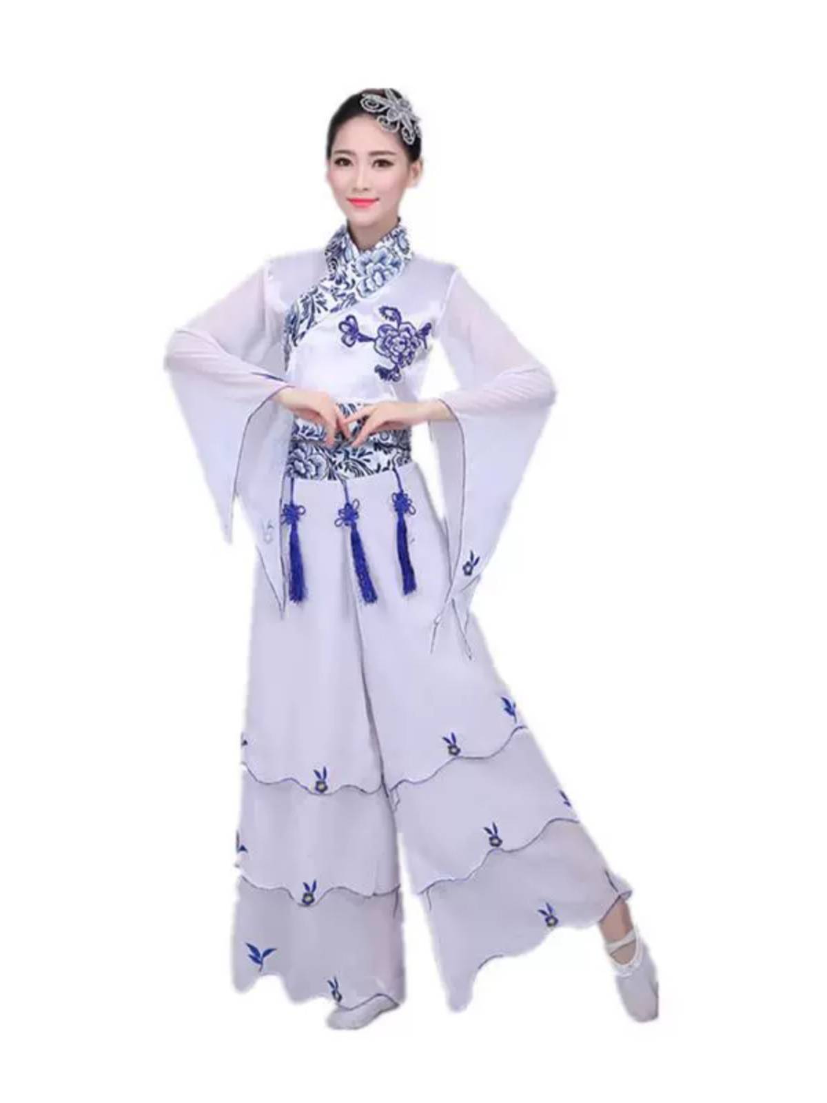 2023 new blue and white porcelain classical ethnic dance performances show yangko clothing fan dancer rental girl rental