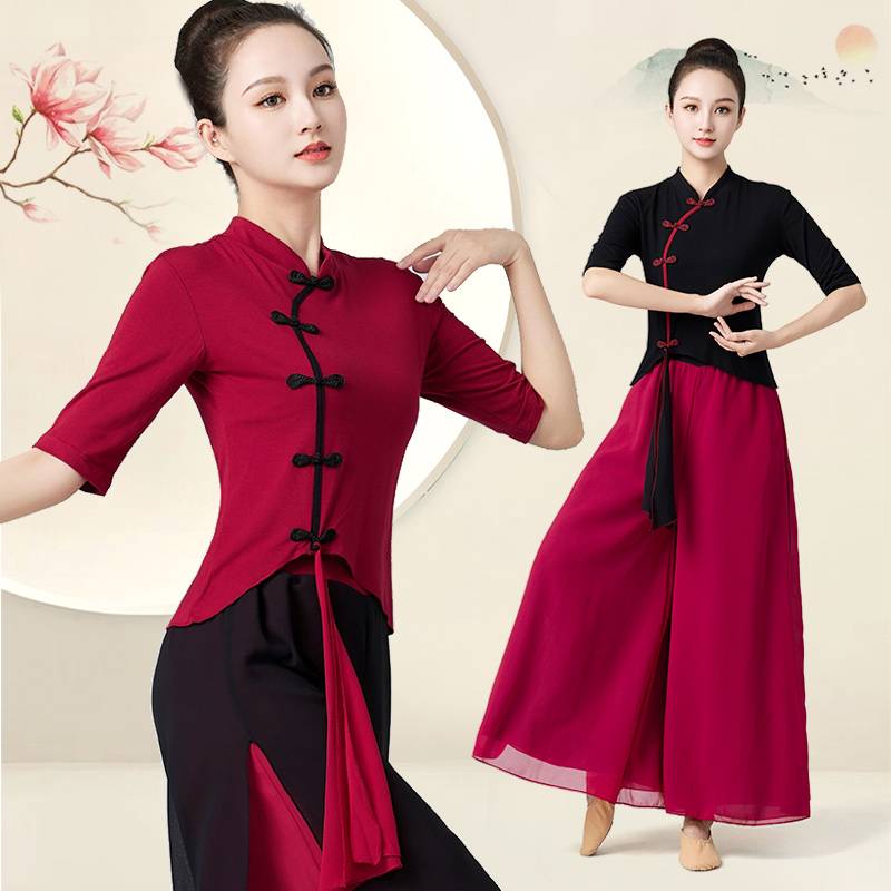 National Clothing New Guofeng Mid -sleeve Dance Square Dance Classical Dance Chiffon Dance Clothing Retro Cheongsam Set Women's Summer
