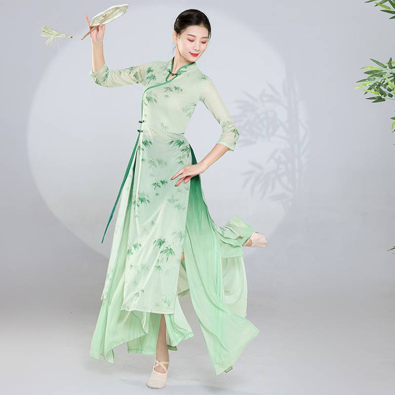 Classical Dance Dance Funny Female Green Cheongsam Top Chinese Dance Ethnic Dance Dance Skirts Wide -leg Pants Performance Services