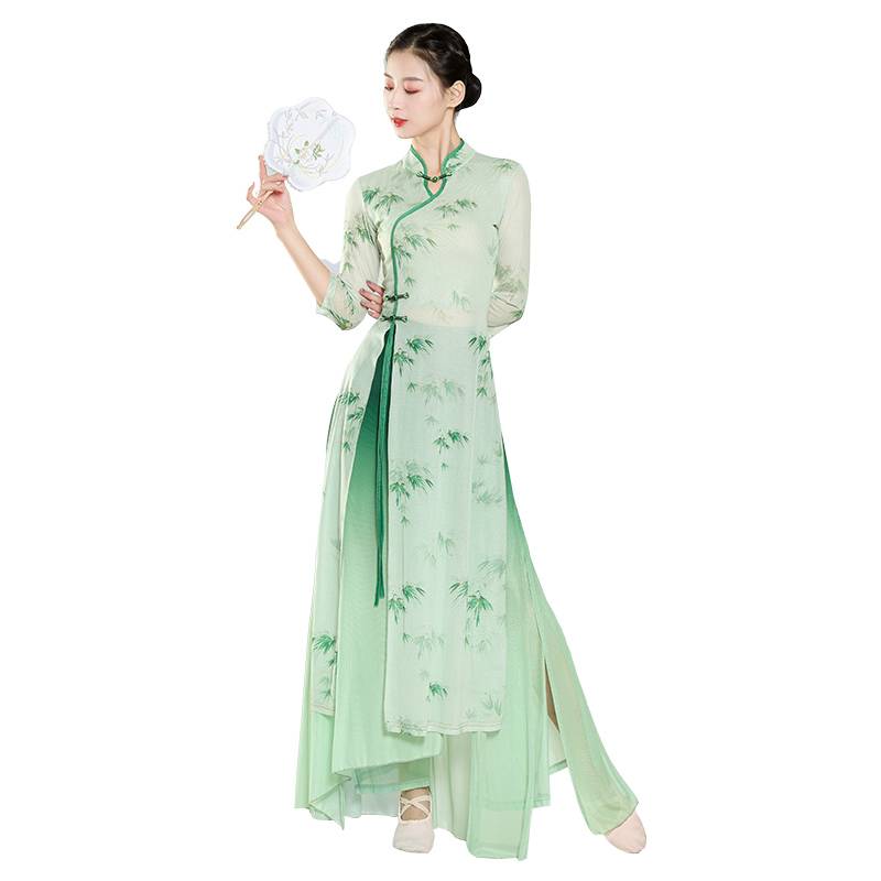 Classical Dance Dance Funny Female Green Cheongsam Top Chinese Dance Ethnic Dance Dance Skirts Wide -leg Pants Performance Services