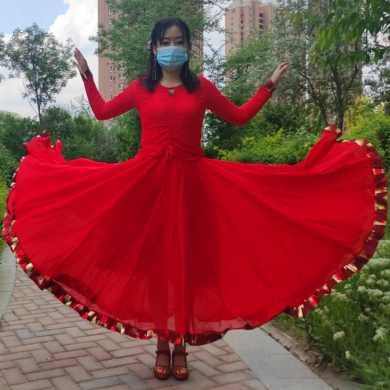 Xinjiang National Dance Skirt Plaza Dance Dancing Bald Skirt 720 degrees double -layer chiffon skirt exercise practice long skirt*
