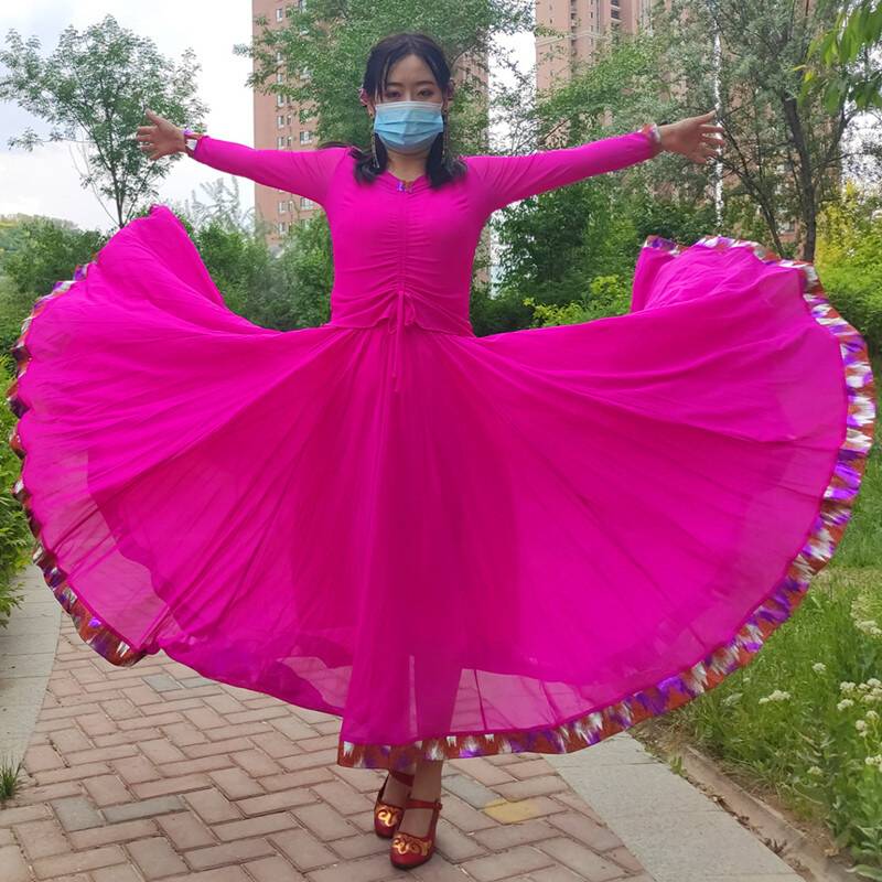 Xinjiang National Dance Skirt Plaza Dance Dancing Bald Skirt 720 degrees double -layer chiffon skirt exercise practice long skirt*