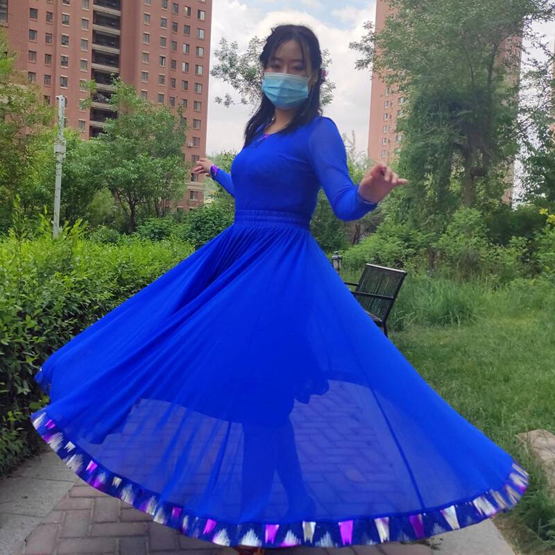 Xinjiang National Dance Skirt Plaza Dance Dancing Bald Skirt 720 degrees double -layer chiffon skirt exercise practice long skirt*