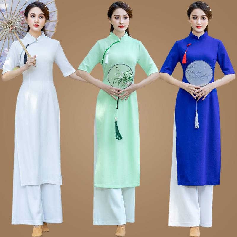 Classical Dance Clothing Plaza Dance Set Women's Chinese Wind Cheongsam Ethnic Wind Practice Fan Dance Fan Dance Performance Service