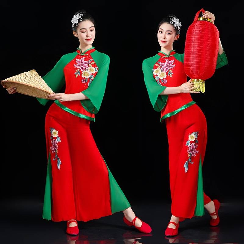 2024 new square dance clothing ethnic women's group sports jumping fan stage Yangge suit performance set