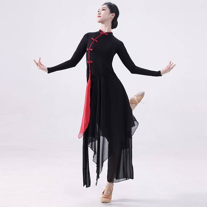 Classical Dance Dance Funny Female Female Falling Autumn and Winter Black long -sleeved cheongsam top Chinese dance national dance performance clothing