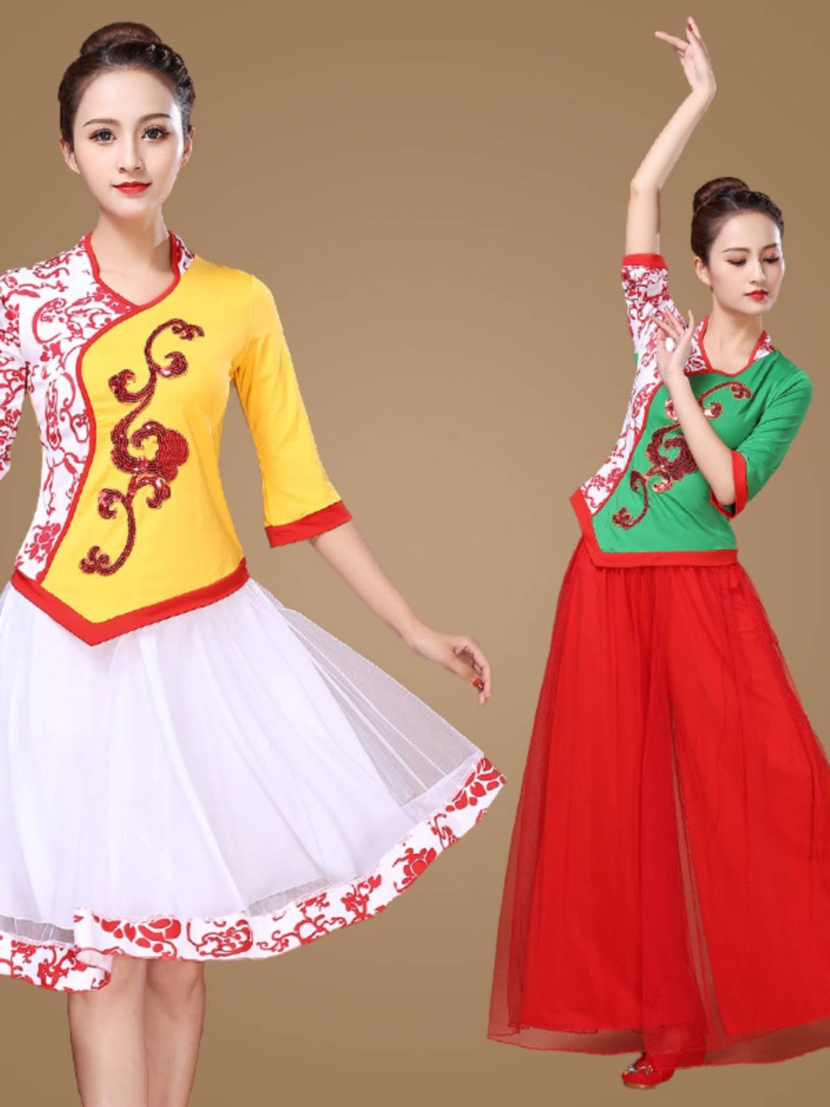 Yunshang Plaza Dance New Set New Set Women's Spring and Summer Yangge Dance Performing Fan Indian Blue and White Porcelain People