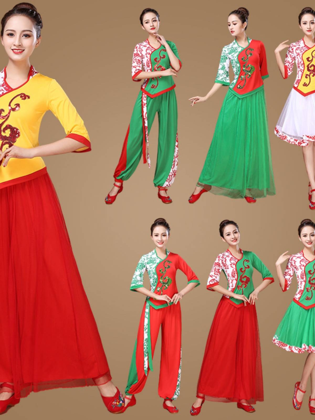 Yunshang Plaza Dance New Set New Set Women's Spring and Summer Yangge Dance Performing Fan Indian Blue and White Porcelain People