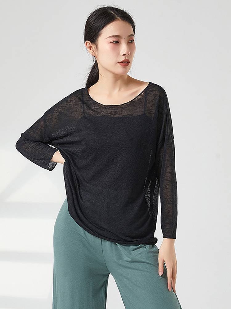 Chinese style classical nation's modern dance body training exercise clothing loose see -through round neck long -sleeved adult top