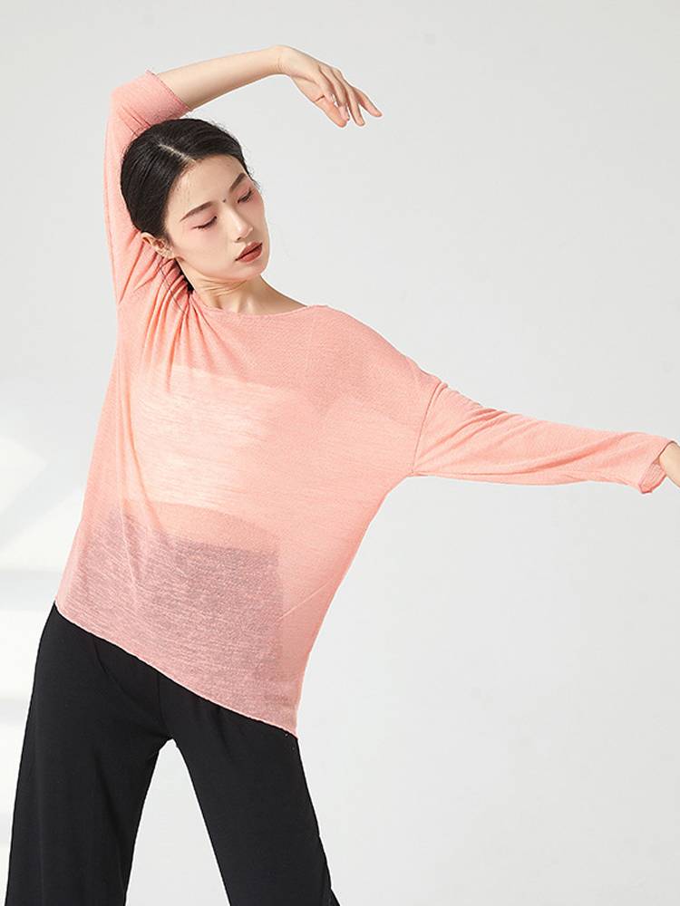 Chinese style classical nation's modern dance body training exercise clothing loose see -through round neck long -sleeved adult top