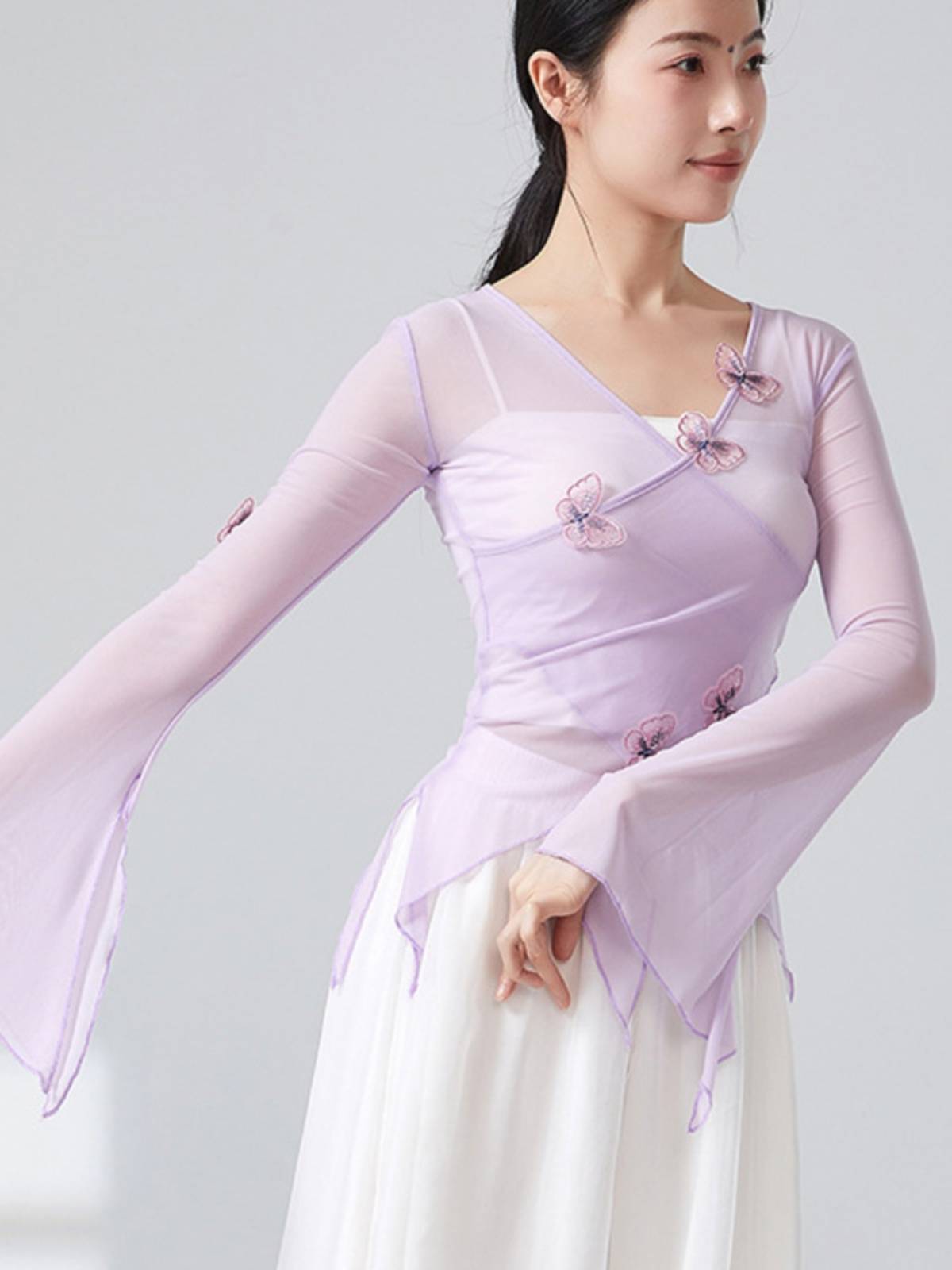 National Classical Dance Heds Sleeve Sleeve Gauze, Flower, Slender V -neck Student Net Speed Practice Service Dance Dance Server