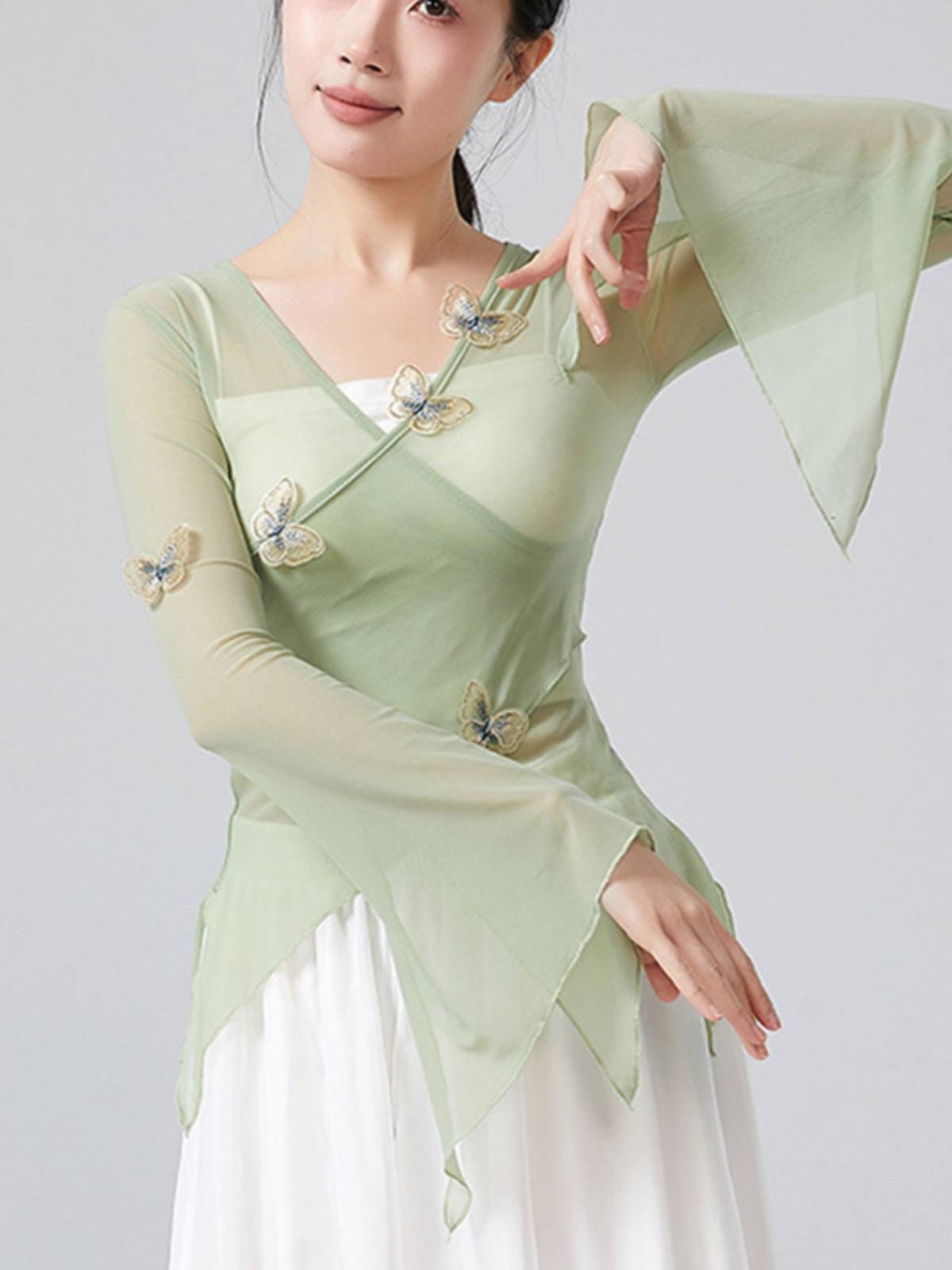 National Classical Dance Heds Sleeve Sleeve Gauze, Flower, Slender V -neck Student Net Speed Practice Service Dance Dance Server