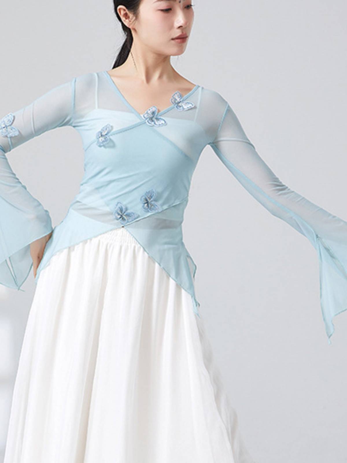 National Classical Dance Heds Sleeve Sleeve Gauze, Flower, Slender V -neck Student Net Speed Practice Service Dance Dance Server