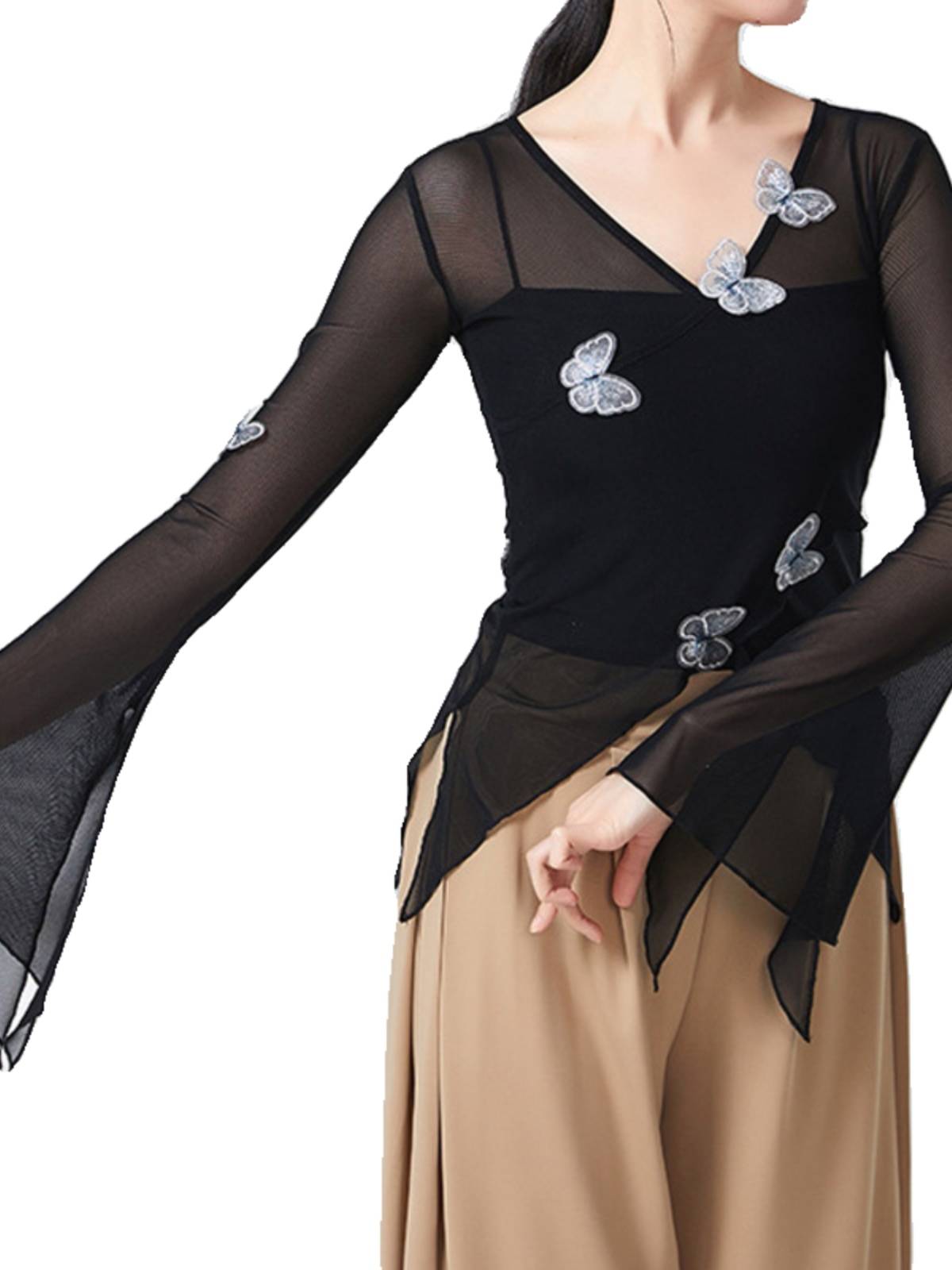 National Classical Dance Heds Sleeve Sleeve Gauze, Flower, Slender V -neck Student Net Speed Practice Service Dance Dance Server