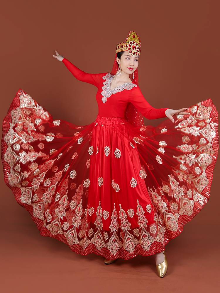 Tianshan Meiyi New Xinjiang Dance Network Skin -embroidered Skirt National characteristic Luxury Long Skirt Viane Dance Skirt
