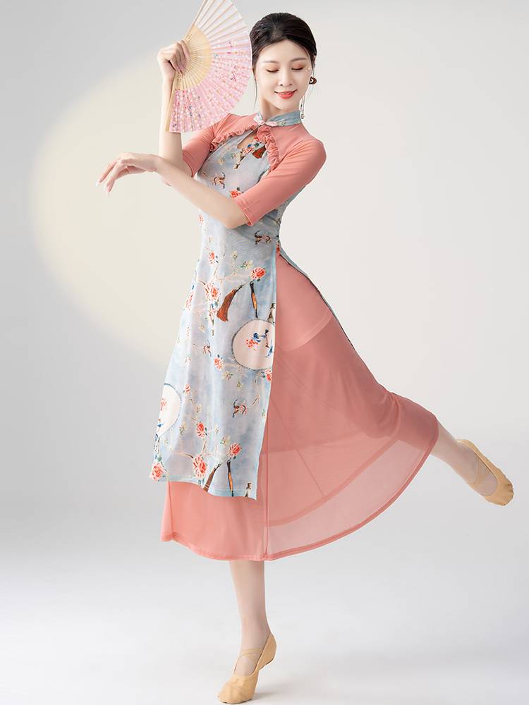 Classical dance clothing female elegant gauze dancing dedicated cheongsam dress Chinese style national practice performance performance set