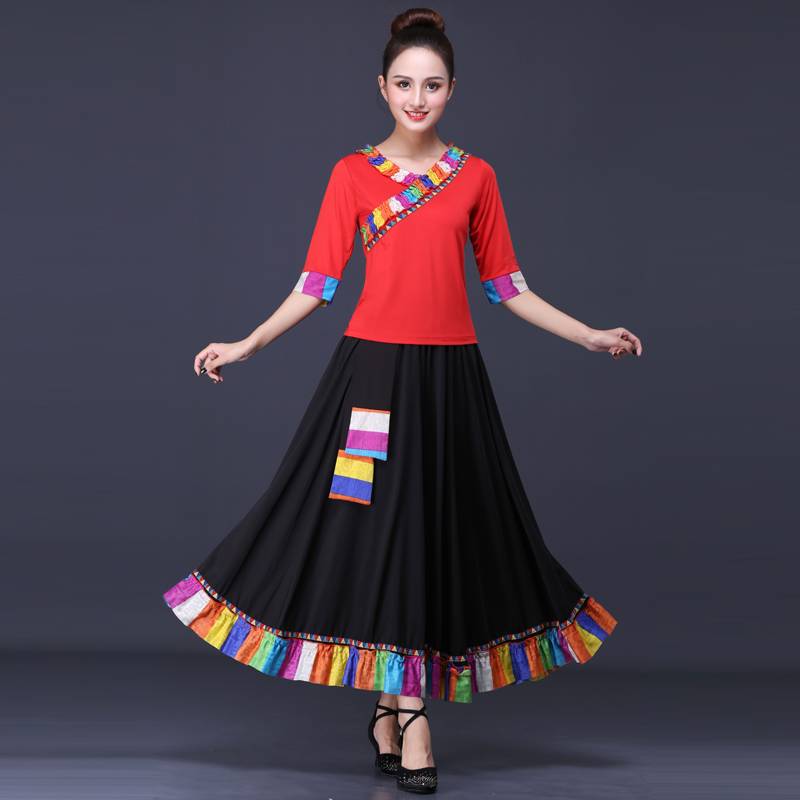 Plaza dance clothing female adult set new national style Tibetan Tibetan Zhuoma dance clothes big skirt performance clothing