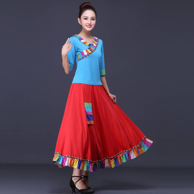 Plaza dance clothing female adult set new national style Tibetan Tibetan Zhuoma dance clothes big skirt performance clothing