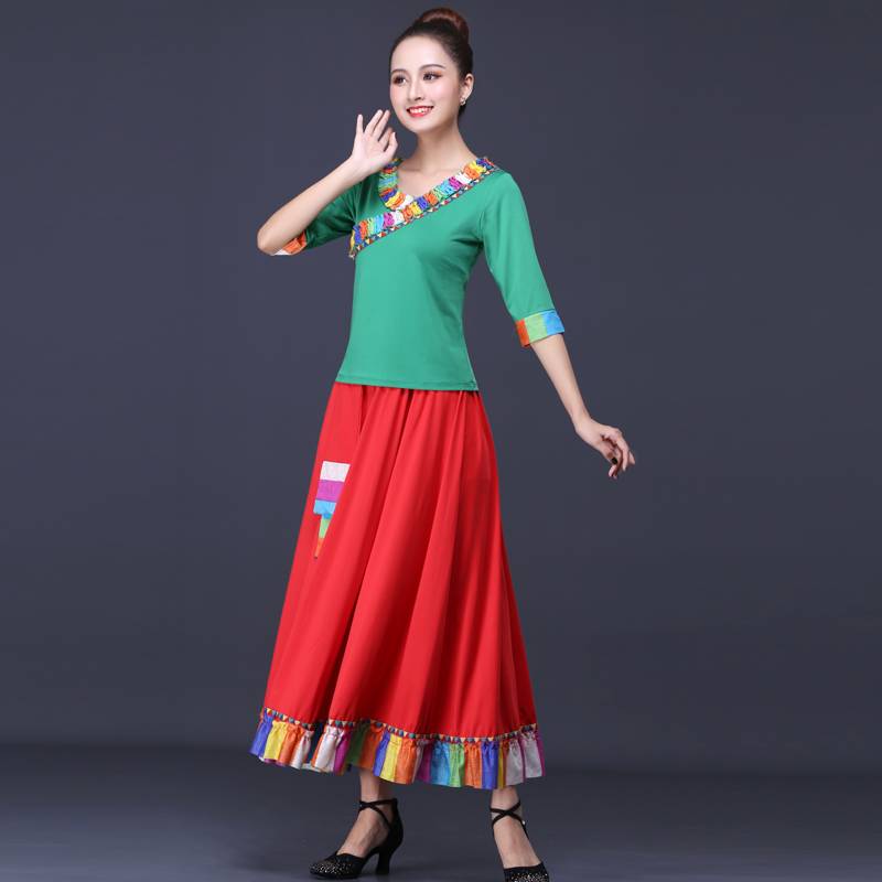 Plaza dance clothing female adult set new national style Tibetan Tibetan Zhuoma dance clothes big skirt performance clothing