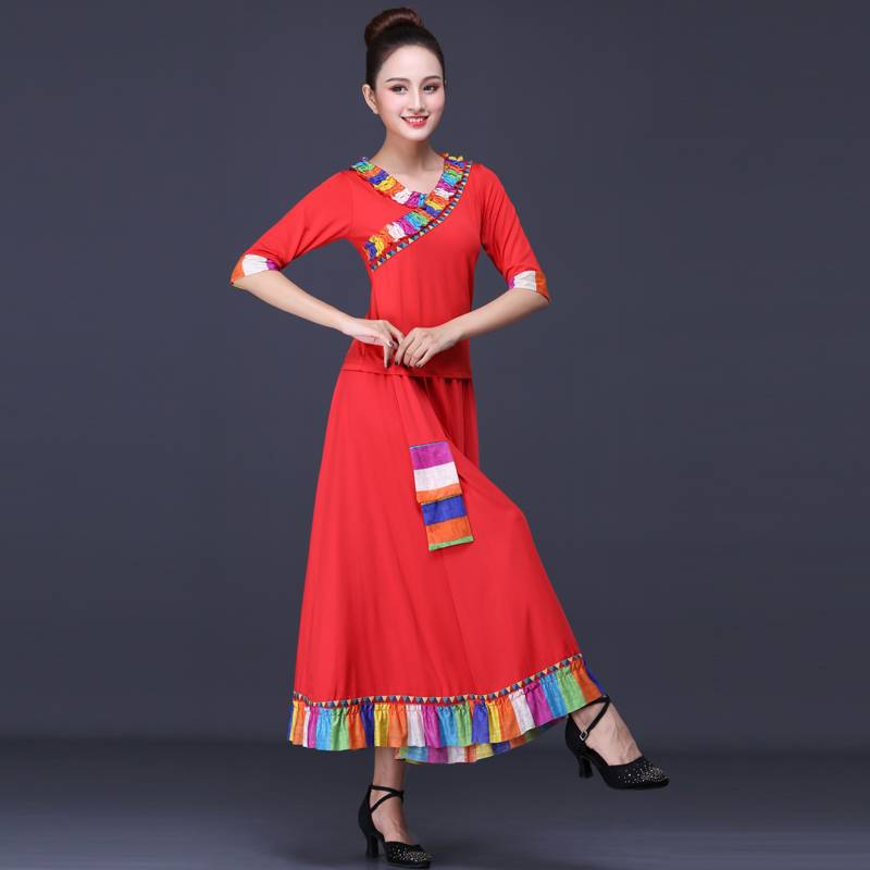 Plaza dance clothing female adult set new national style Tibetan Tibetan Zhuoma dance clothes big skirt performance clothing
