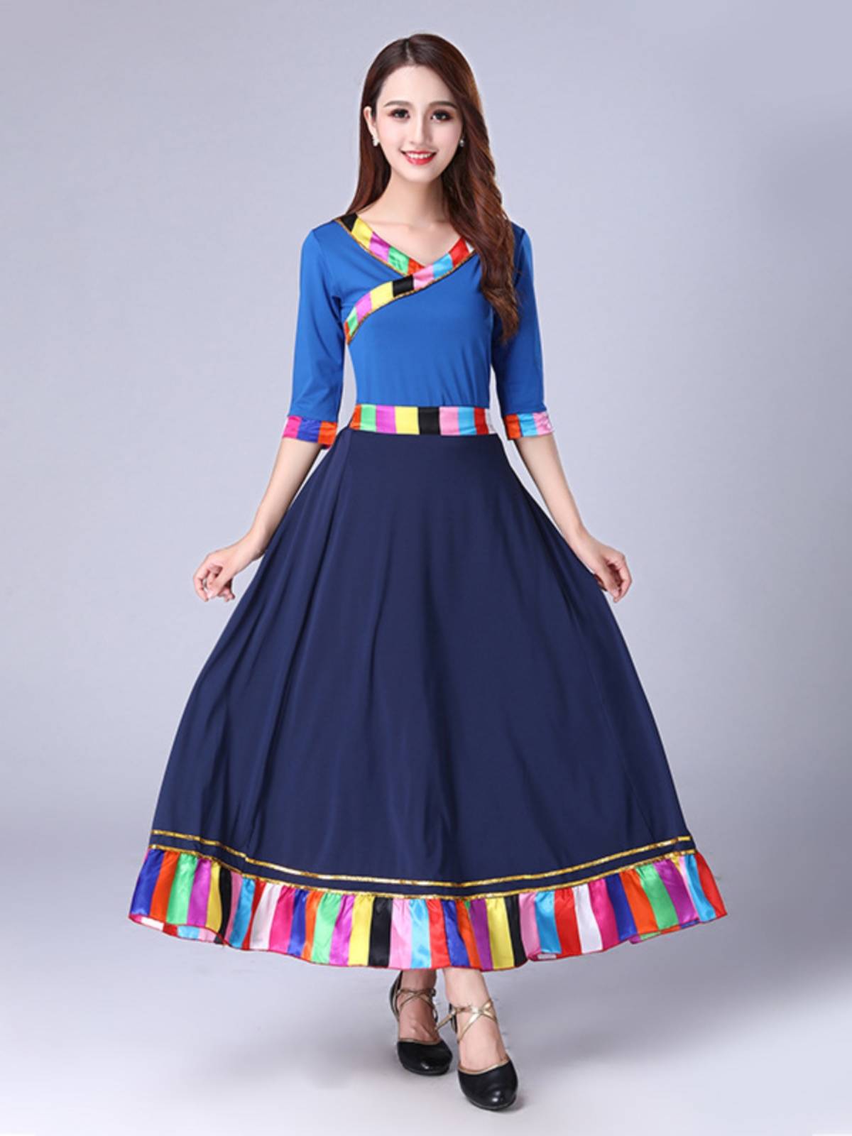 Plaza dance clothing women's suit new spring and summer Tibetan Mongolian national style milk silk long -sleeved large dressing skirt performance