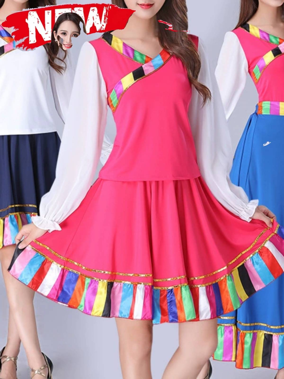 Plaza dance clothing women's suit new spring and summer Tibetan Mongolian national style milk silk long -sleeved large dressing skirt performance