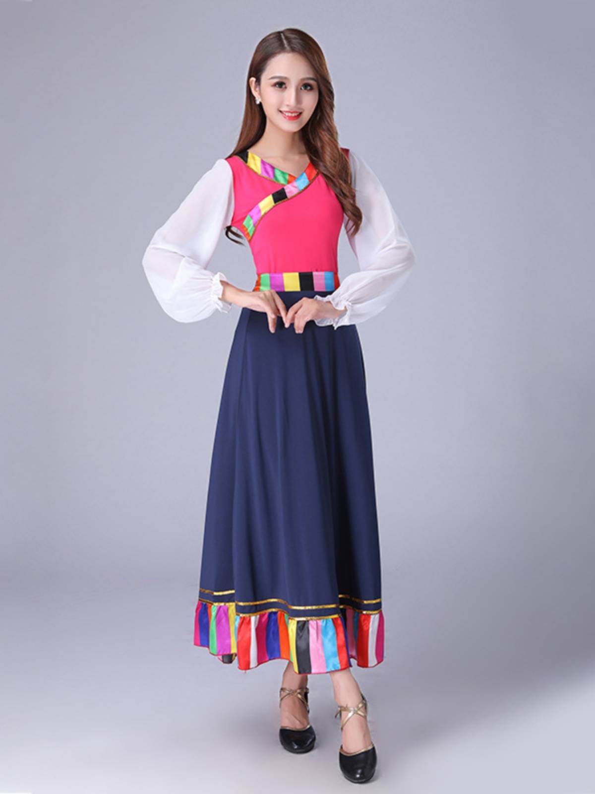 Plaza dance clothing women's suit new spring and summer Tibetan Mongolian national style milk silk long -sleeved large dressing skirt performance