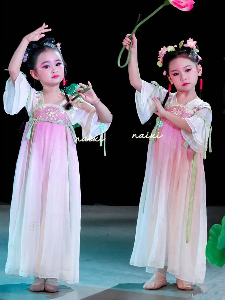 Children's Hanfu Jiangnan Cai Cai Lotus Performance Classical Dance Flower Fairy Dance Clothing Private Protective Skirt Tang Fress