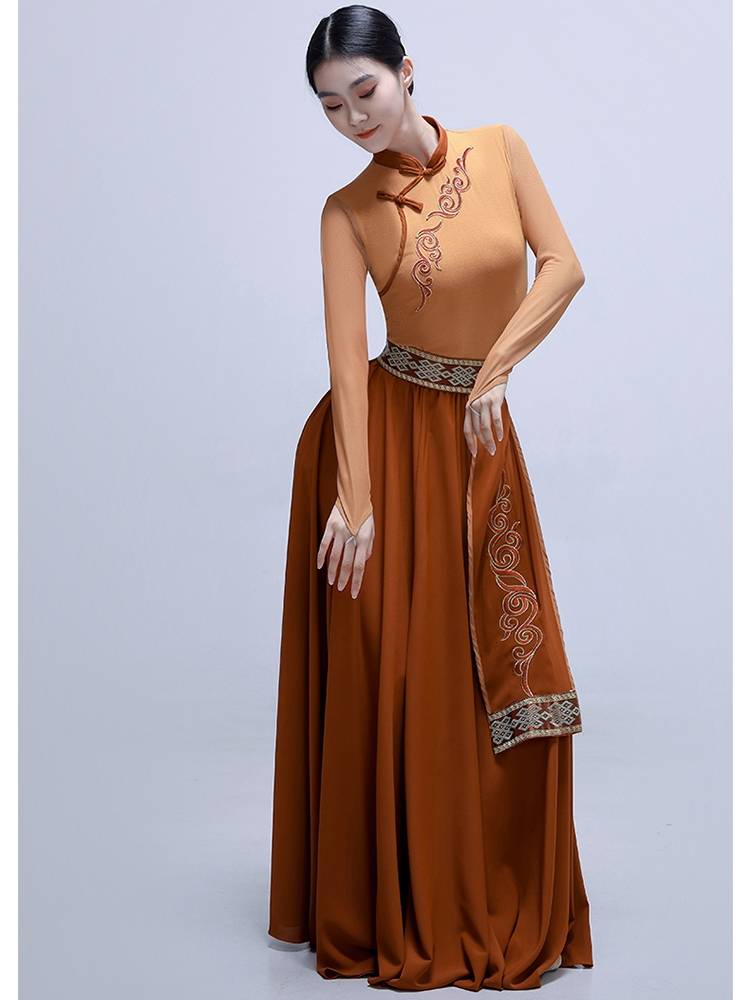 Autumn new product Mongolian Dance Service Plaza Dancer Performance Server Slim Sleeve Top Student Student Art Test Big Skirt