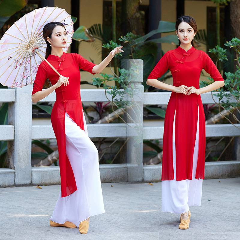 Square dance clothing new set of female classical dance national dance cheongsam shirt table performance stage mesh