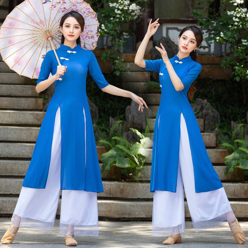 Plaza dance clothing new suits Chinese classical national dance fan practice service women's net gauze clothing cheongsam cheongsam