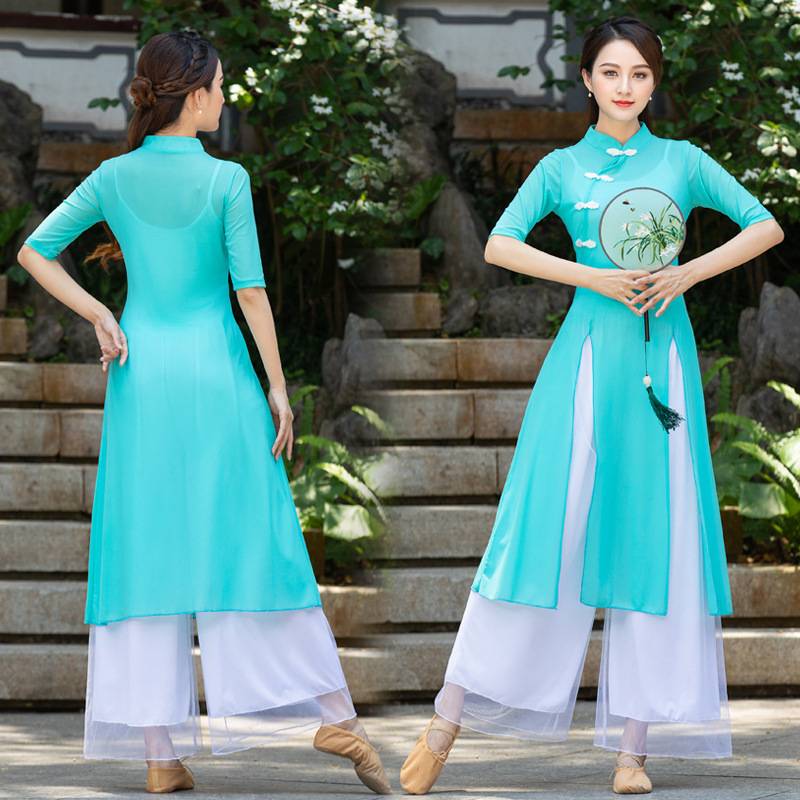 Plaza dance clothing new suits Chinese classical national dance fan practice service women's net gauze clothing cheongsam cheongsam