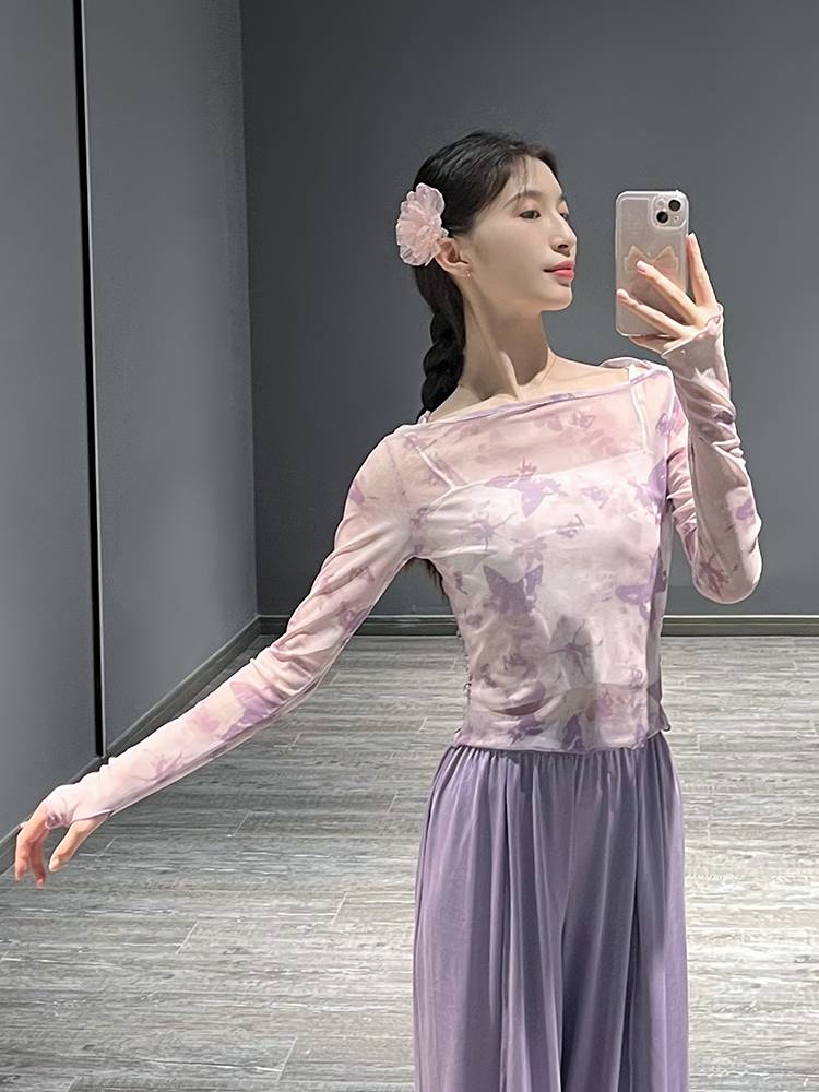 Classical dance clothing body rhyme yae dedicated Chinese national dance clothing performance exercise exercise printed butterfly top female