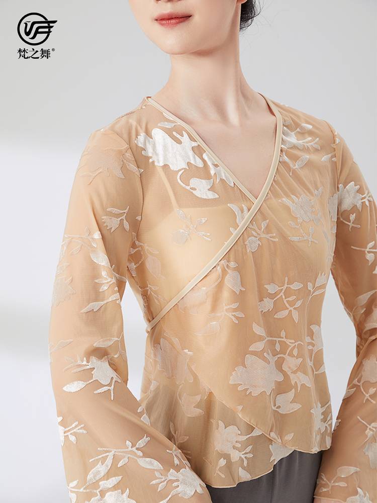 Brahma Dance Chinese Classical Dance Body Rhymes Practice Women's Net Gauze Printing Short Buckle Twoa Learn Foundation Top