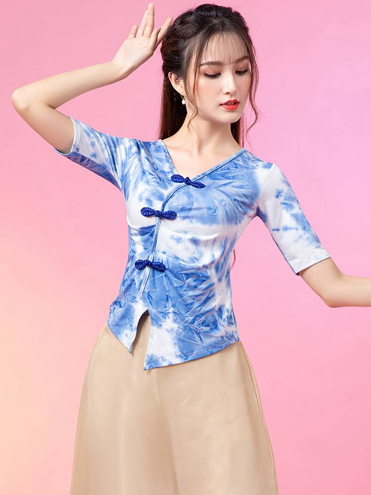 Classical Dance Dance Practice Female Female New Body Charm Dyeing Top Chinese National Modern Dance Training Slim Sleeve Sleeve Sleeve