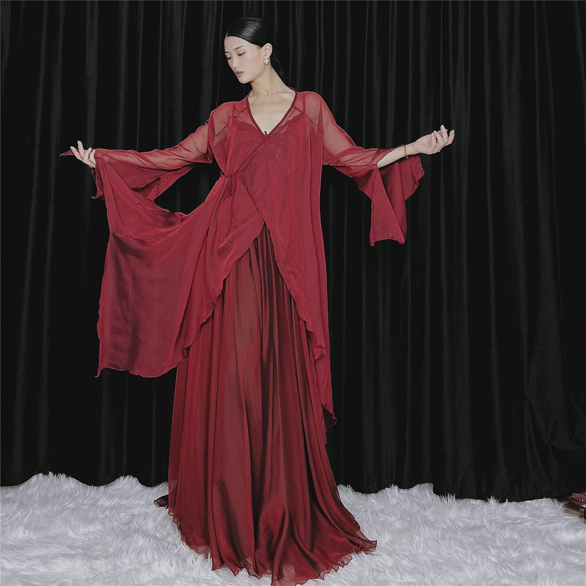 WYZ cover the gauze national style retro performance service wine red wearing dance service Chinese style jazz dance service