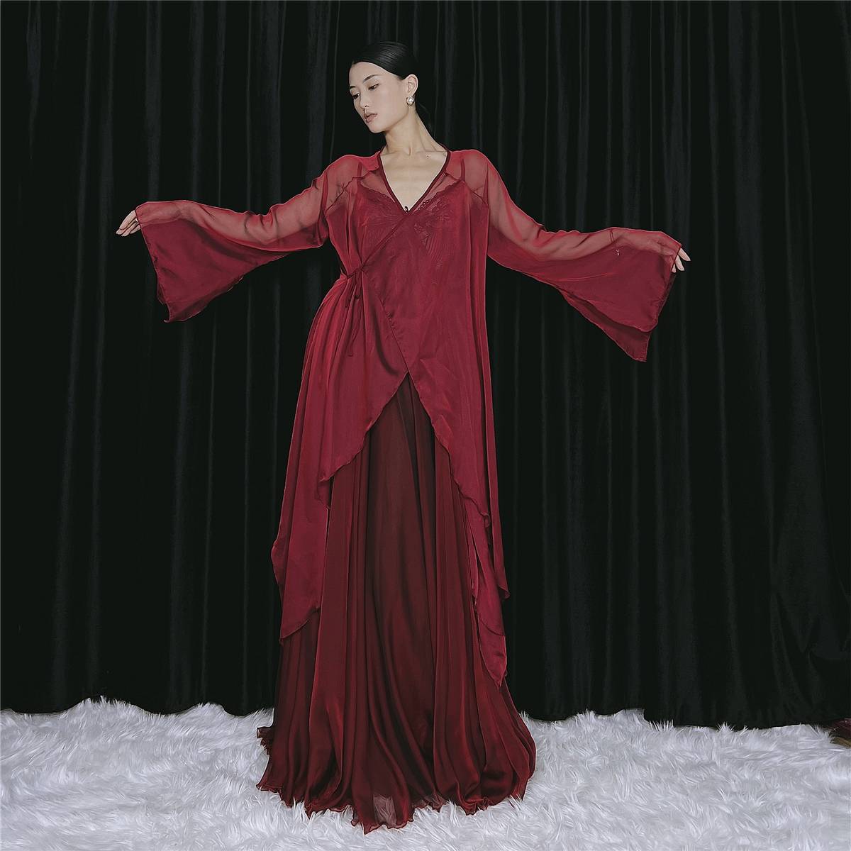 WYZ cover the gauze national style retro performance service wine red wearing dance service Chinese style jazz dance service