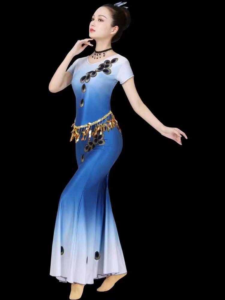 The new Dai dance service minority gourd filament performance service peacock dance performance service long -sleeved sequin adult girl