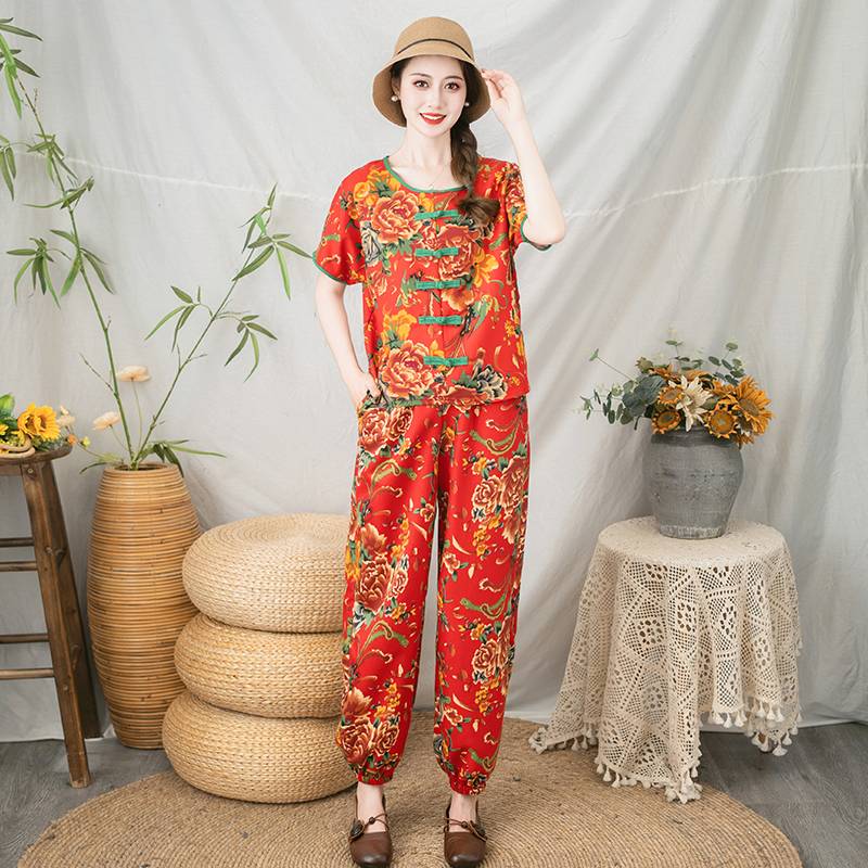 Northeast Dahuabu Vocal Panpot National Wind Set Tanguang Short Sleeve Harun Pants Plaza Dance Troupe Performing clothes